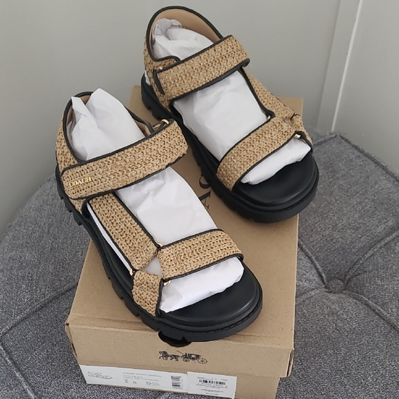 Women's Coach Black and Tan Straw Sport Sandals - Picture 1 of 7